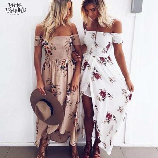 

women slash neck floral printed boho dress fashion beach summer dresses ladies strapless long maxi dress vestidos s 5xl, Black;gray