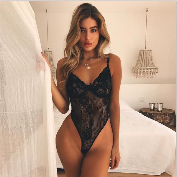 

vdogrir bodysuit womens underwear 2019 bow tie floral embroidery hollow out lace bodysuit 3 color jumpsuit summer overalls, Black;white