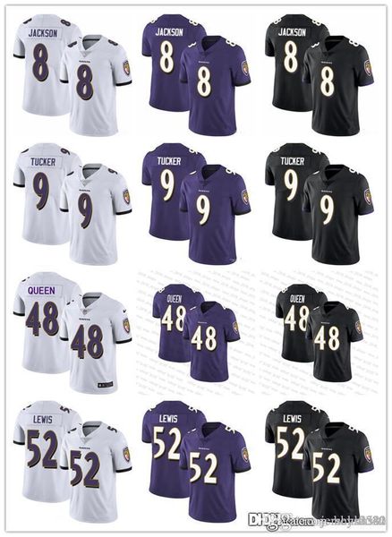 

men women baltimore ravens youth 8 lamar jackson 9 justin tucker 48 patrick queen iii 52 ray lewis football jerseys black, Black;red