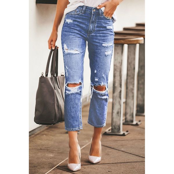 

2020 fashion new skinny wild jeans women's were thin high waist knee hole new slim tried true vintage high rise denim pants, Blue