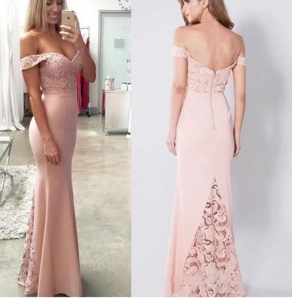

off the shoulder pink mermaid bridesmaid dresses with lace, Red;white
