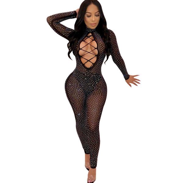 

rhinestones mesh sheer party jumpsuit women long sleeve hollow out see through bodycon romper night club overalls catsuit, Black;white