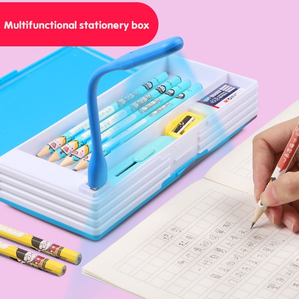 

2019 new creative multifunctional pencil case with led light usb mini fan student stationery box korean pencil case boy and girl