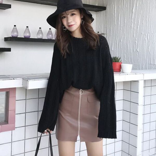 

осень зима женщины моды сплошной цвет свитера винтажный стиль casual вокруг шеи с длинными рукавами трикотажные пуловеры свитер, White;black