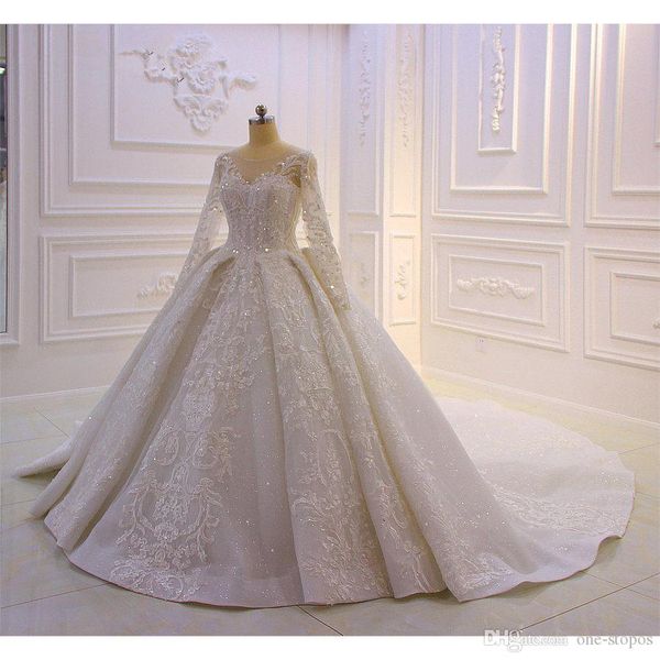 

luxury long sleeves lace appliqued ball gown wedding dresses vintage lace-up back sparkly sequined plus size bridal gown, White