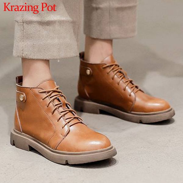 

krazing pot 2020 genuine leather vintage western boots neutral design round toe med heels winter rivet fasteners ankle boots l15, Black