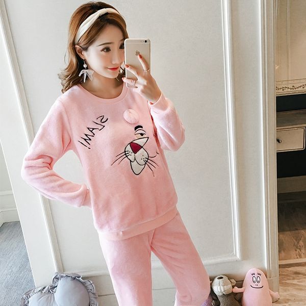 

jinuo new arrival 3 colors cartoon wind women winter flannel pajama sets ladies thicken lovely leopard home wear sleepwear, Blue;gray