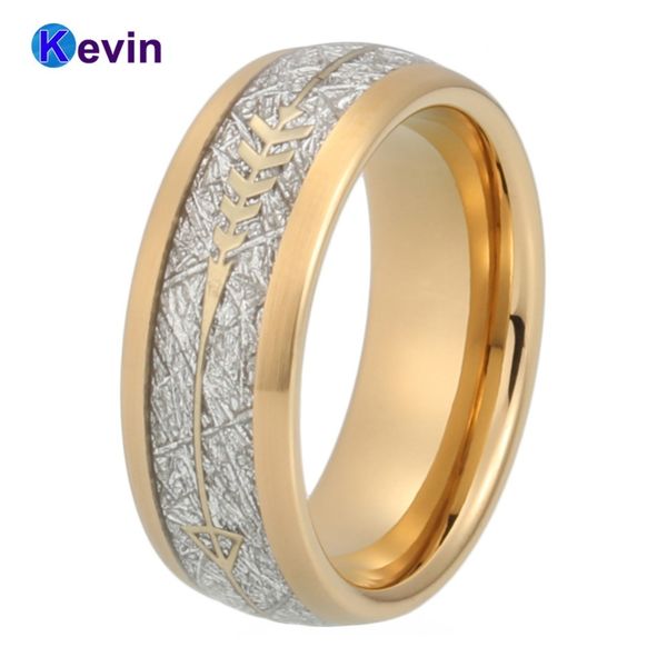 

gold wedding band men women tungsten ring with gold steel arrow and white meteorite inlay new arrivals, Golden;silver