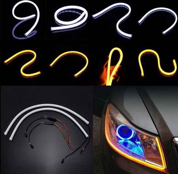 

2 pieces 60cm diy flexible tube car led strip white drl amber turn signal lights
