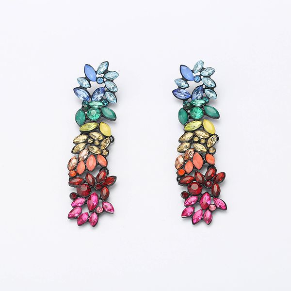 

fashion-trendy multi-color flower long dangle earrings rhinestone crystal luxury oorbellen women wedding jewelry gift kolczyki, Silver