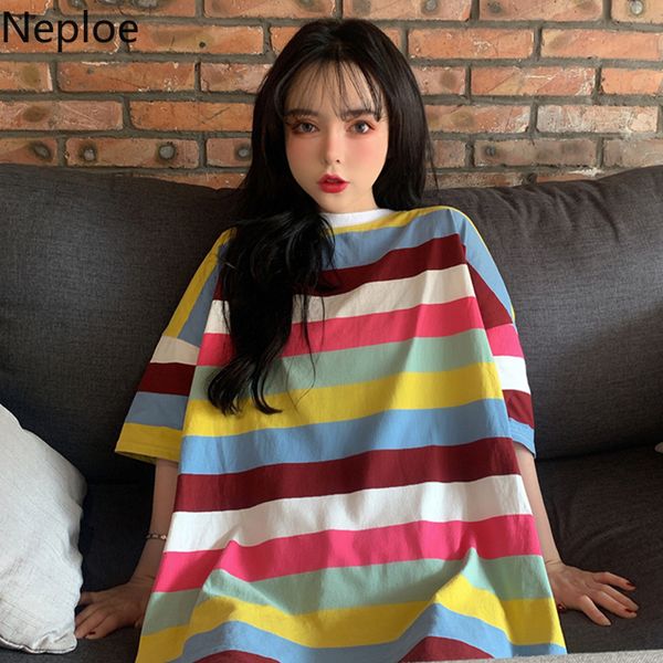 

neploe 2020 korean women candy color pullover rainbow stripe t shirts fashion oversized o neck short sleeve tees loose 49873, White