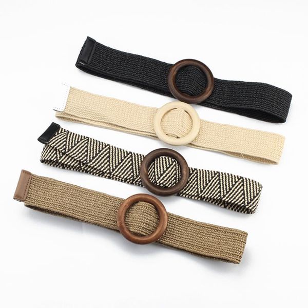 

95cm harajuku boho braided knitted waist belt round wooden smooth buckle fake straw wide belt women ladies dress decorative, Black;brown