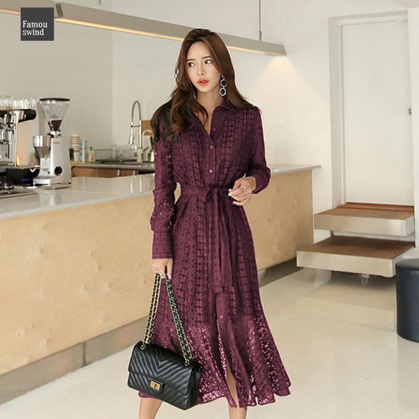 

long dress spring hollow out lace women with belt single breasted elegant mermaid dress vestidos sleeve autumn full femme, Black;gray