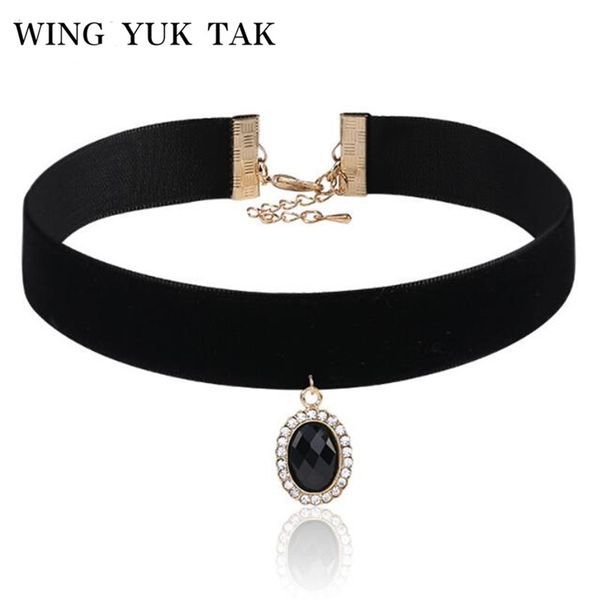 

black acrylic gem pendant necklace velvet chain inlaid crystal choker necklace for women fashion party jewelry christmas gift, Golden;silver
