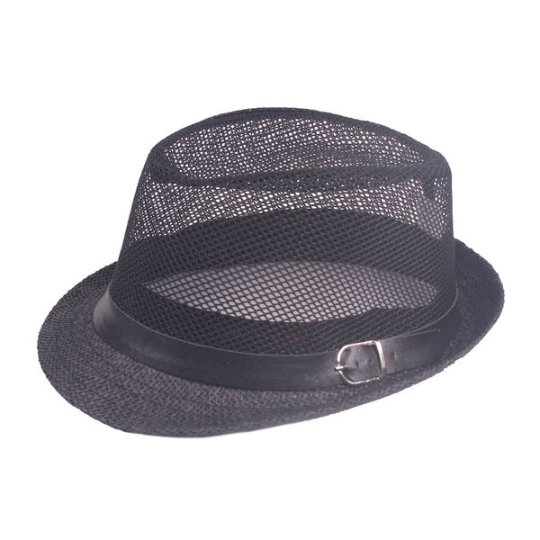 Cappello jazz estivo unisex in paglia di carta Cappello fedora a tesa corta in rete con fibbia per cintura Cappellino da spiaggia per uomo Donna