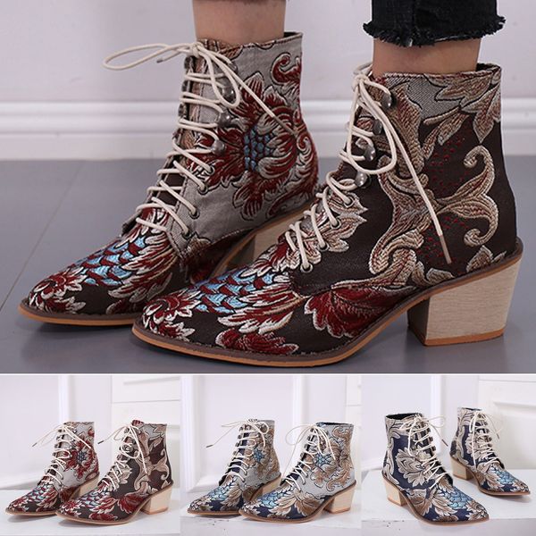 

snow boots retro women square heels cloth embroidery boots lace-up boot pointed toe shoes ankle botas casual zapatos de mujer, Black