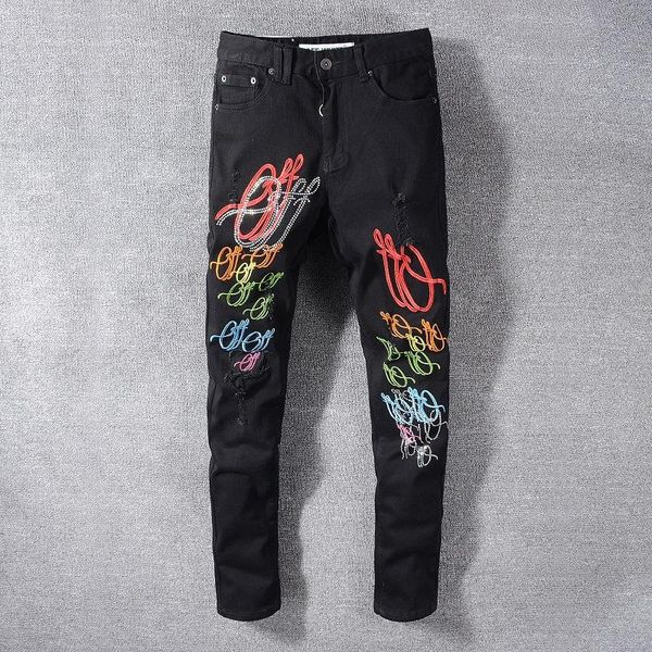 

2019 arrival brand designer men denim jeans embroidery pants fashion holes trousers high street jeans size 28-40, Blue