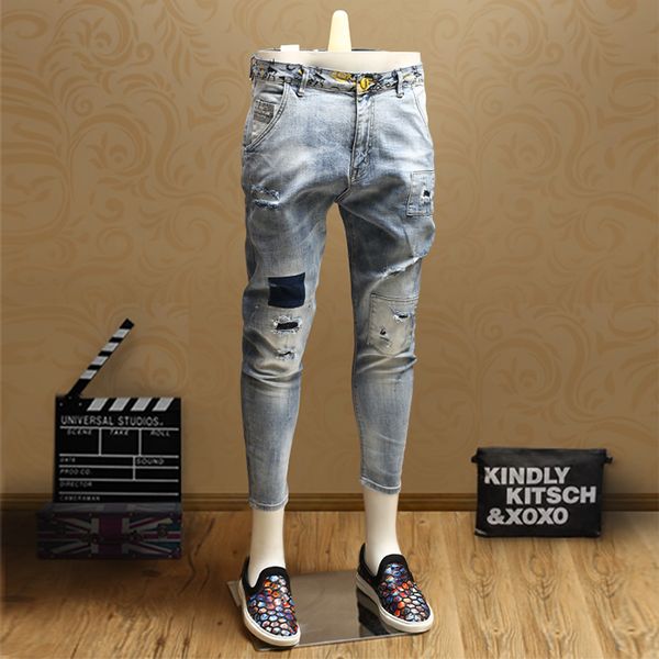 

hip hop mens skinny ripped jeans light blue ankle-length jean pants for men psmj65
