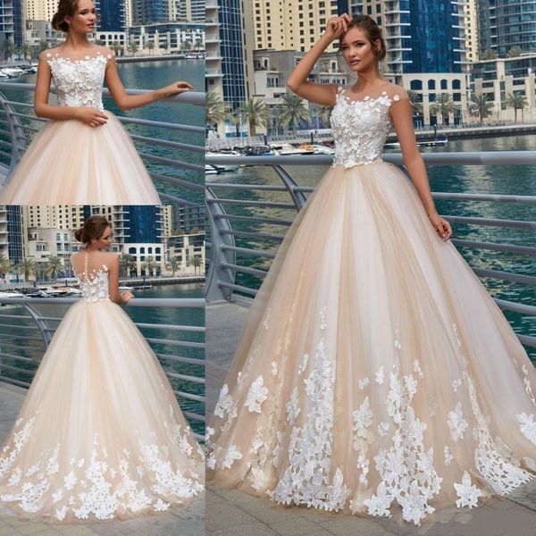 

бальное платье ню тюль наложение 3d цветок кружева свадебное платье sheer шеи длина пола свадебные платья шампанское слоновая кость винтажны, White