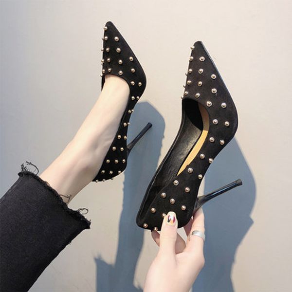

2019 spring new rivet stiletto female pointed professional work wild net red single shoes, Black