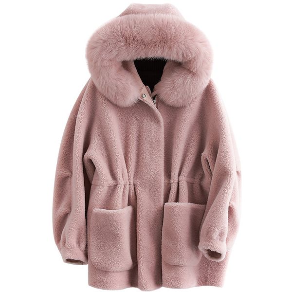 

real fur coat fox fur hooded 100% wool jacket autumn winter coat women clothes 2020 streetwear korean vintage sheep shearling, Black