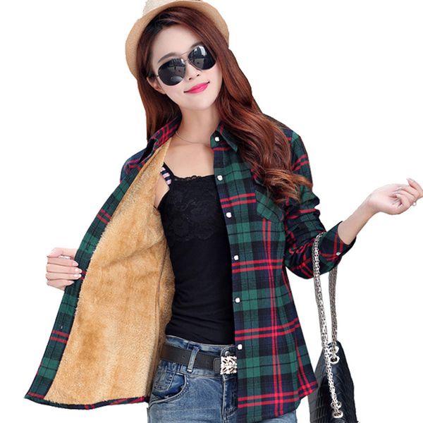 

women's blouses & shirts women velvet thick warm plaid female winter wool liner check slim blouse cotton linen long sleeve top, White