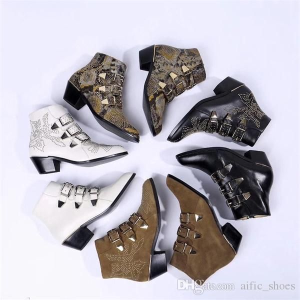 

women susanna leather ankle boots designer shoes real nappa sheepskin leahter rivets gold with front buckle straps martin boots with box, Black