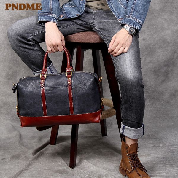 

старинные моды pndme подлинной мужская кожаная сумка высокого качества коровьей кожи женщин вещевой мешок выходные ручной клади