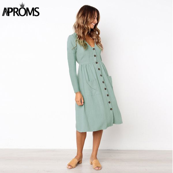 

aproms solid v neck long sleeve dress women casual high wasit buttons knee-length dress female robe autumn white dress vestidos, Black;gray