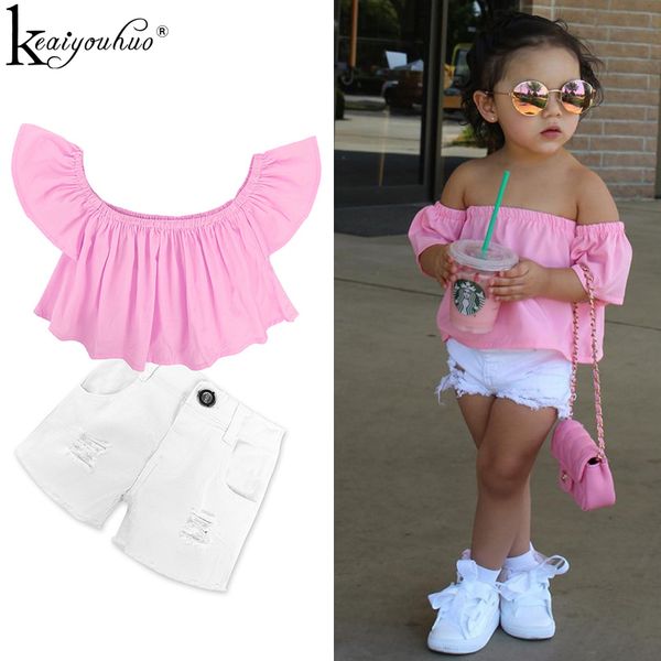 

2020 детская одежда наборы спортивный костюм для новорожденных девочек одежда наборы костюмы для детей одежда плечо футболка + сломанная дыр, White