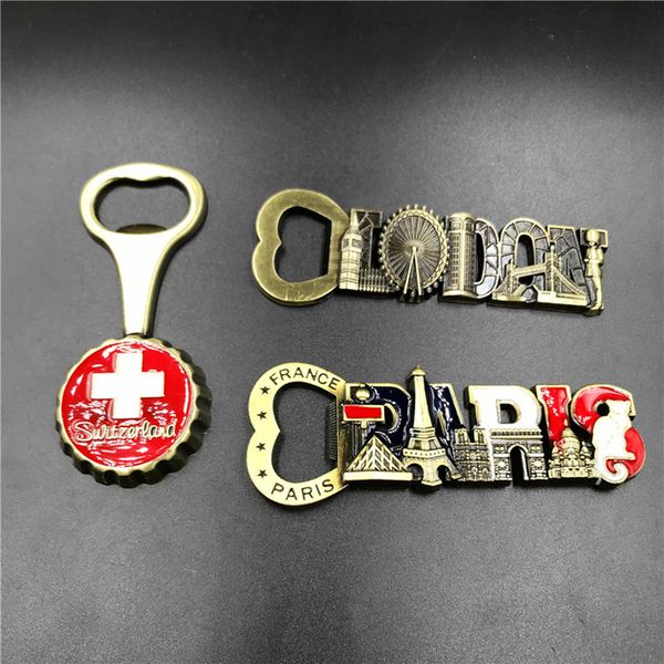 

new 1pc creative metal bottle opener fridge magnets switzerland england france tourist souvenirs refrigerator magnets home decor