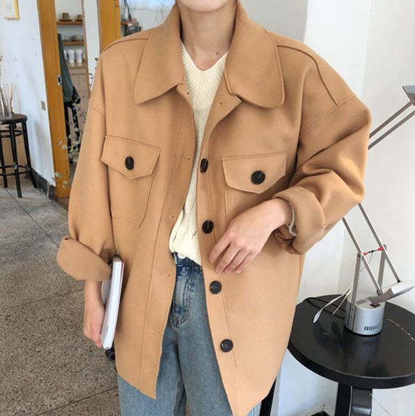 

coats female khaki harajuku jacket shirt type woolen loose coat pocket concise outerwear, Black;brown
