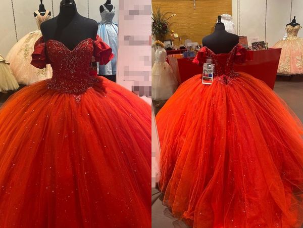 

sparkly red off the shoulder ball gown quinceanera prom dresses tulle crystal rhinestones cap short sleeves masquerade evening gowns, Blue;red