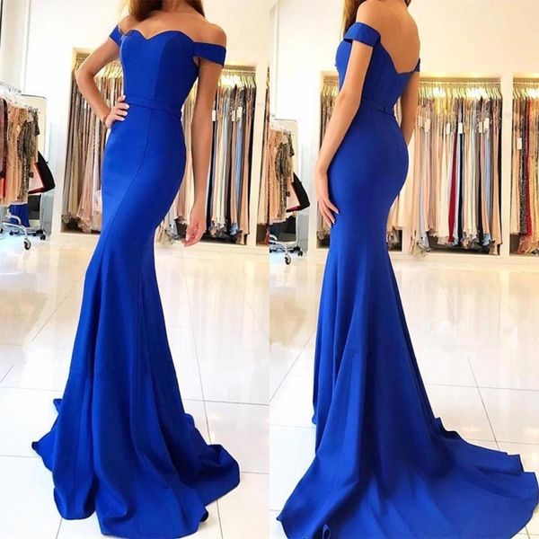 

royal blue mermaid long prom dresses elegant off the shoulder bow sash simple sweep train formal party evening gowns, Black;red