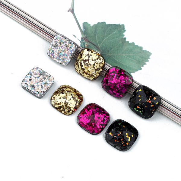 

10pcs full sequin square cabochon bead resin charms earring base findings hairpin ear ring blank beads diy jewelry make f456, Bronze;silver