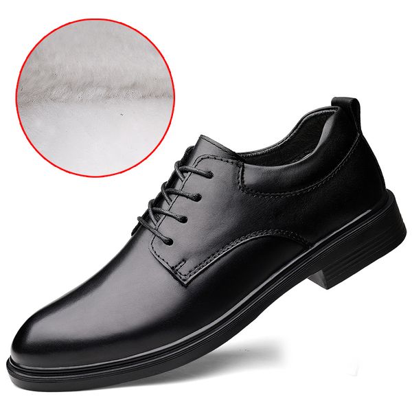 

2019 new male dress shoes winter plus velvet men business breathable cow leather square round toe men casual shoes leather, Black