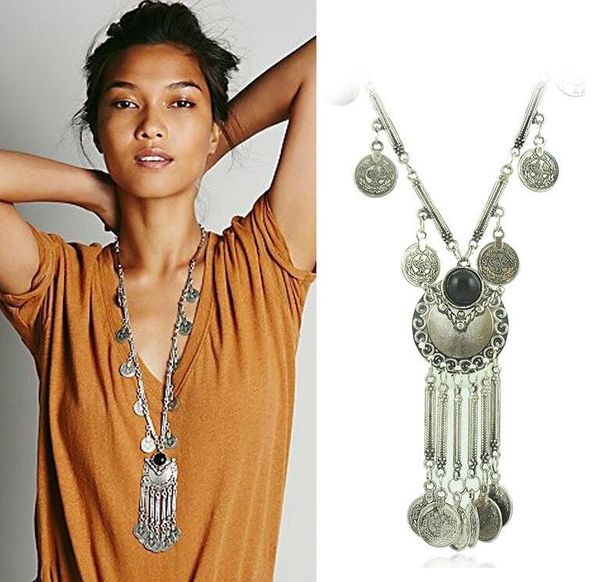 

new brand fashion vintage boho antique coin necklace for women statement long tassel necklaces bohemian maxi jewelry xy-n54, Silver