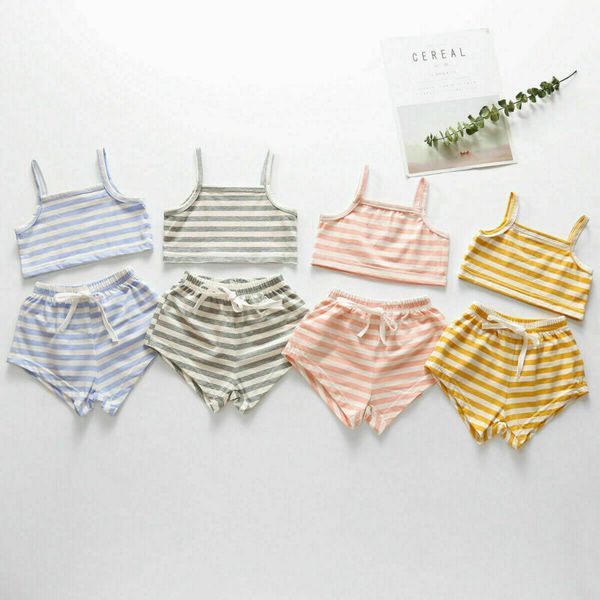

2020 baby summer clothing newborn kid baby girl boy striped clothes crops vest shorts 2pcs outfit set, White