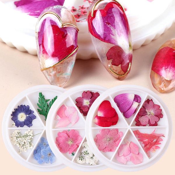 

25pcs/box 3d dried flower nail decoration natural floral sticker mixed dry flower diy nail art decals jewelry uv gel polish, Silver;gold