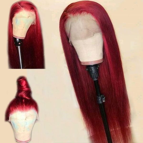 

Red traight lace front human hair wig 13x6 deep part preplucked brazilian remy burgundy wig full 150 den ity for black women