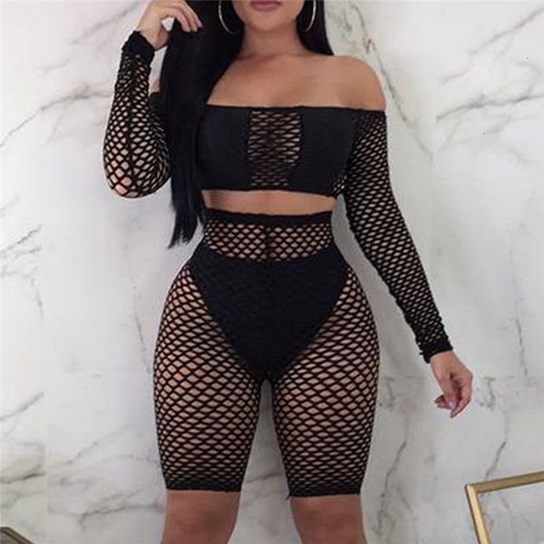 

womens tracksuits jogging suits women fashion ladies crochet mesh long sleeve see through mesh fishnet crop night shorts set, Gray