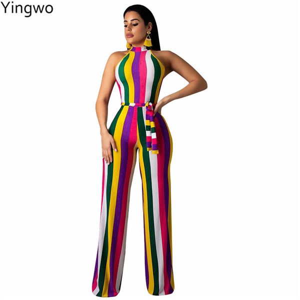 

multi color striped fashion woman full length jumpsuit new summer style sleeveless halter neck belted wide legs jumpsuit online, Black;white