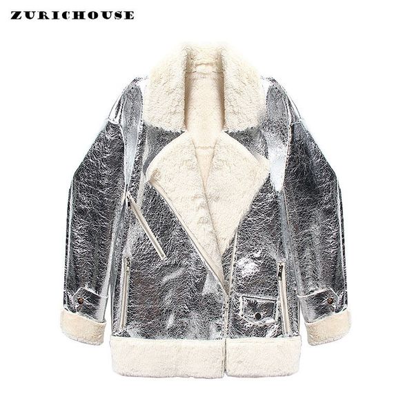 

zurichouse 2019 women's faux lamb leather jacket winter warm outerwear faux lambs wool fur collar suede jacket coats female, Black