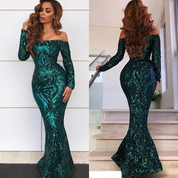 

зеленый арабский пром платья 2019 sexy off the плечо полный блестящие кружева вечерние платья с длинным рукавом длина пола дубай вечернее пл, Black