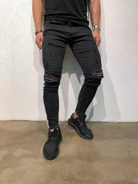

slim fit рваные джинсы мужская одежда мода high street колено отверстия белый полосатый дизайнерские черные джинсы, Blue