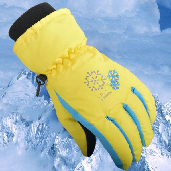 

kids children snow ski gloves winter waterproof thicken thermal lining wrist warmer snowflakes print non-slip mittens with rope