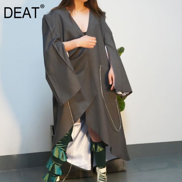 

deat 2019 spring fashion woemn clothes v-neck flare sleeves pleated asymmetrical single buttons pockets windbreaker we08302l, Tan;black