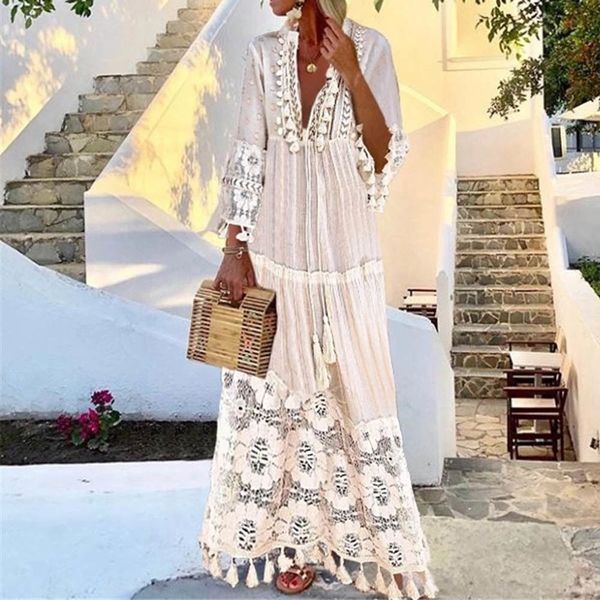 

summer autumn v-neck boho dress tassel hollow out maxi dresses women 2020 new bohemian floral printed beach dress vestidos, Black;gray