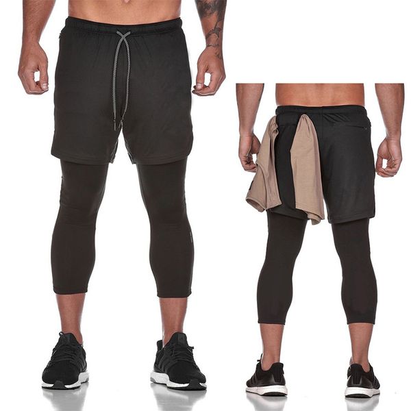 

fitness autumn new style running sports quick-dry mesh fake two-piece elasticity capri pants men's, Black;blue