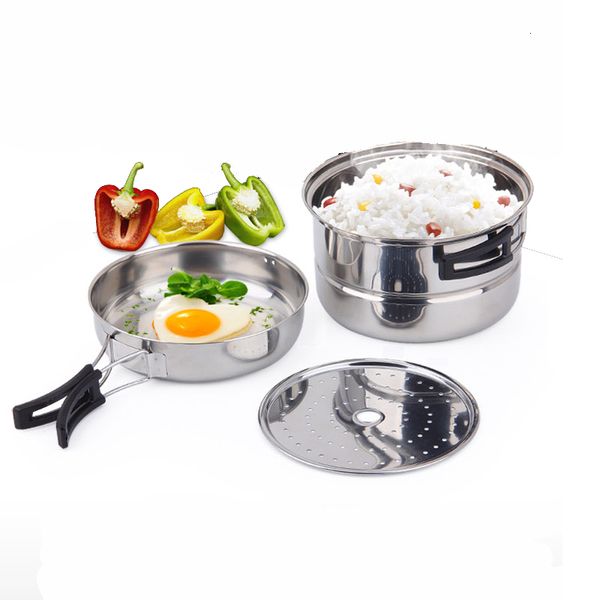 

stainless steel outdoor camping cooker outdoor 1.6l camping pot stainless steel frying pan 2-3 people cooker 3 sets